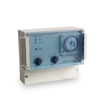 Ein elektronisches Steuergerät mit transparentem Deckel verfügt über drei Drehknöpfe und eine analoge Uhr sowie die Beschriftung "Service", "Fehler" und "Heizung" mit LED-Anzeigen.