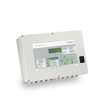 Eine rechteckige Steuereinheit mit mehreren Anschlüssen und einer Benutzeroberfläche mit Anzeigefeld und Knöpfen, Text: 'GENO-DRV-tronic', 'grifatec'.