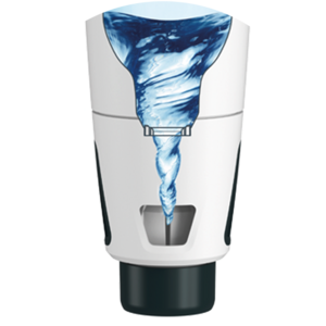 Eine Behälter mit schwarzem Verschluss zeigt ein spiralförmiges Wasserdesign auf weißem Hintergrund.