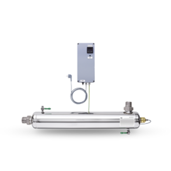 Ein silbernes zylindrisches Gerät liegt horizontal im Vordergrund, verbunden mit einem rechteckigen grauen Steuerkasten, vor neutralem Hintergrund.