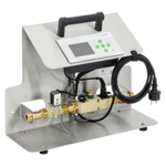 Ein Prüfgerät mit Display und Bedienelementen, eingebaut in ein metallisches Gehäuse mit Griff.