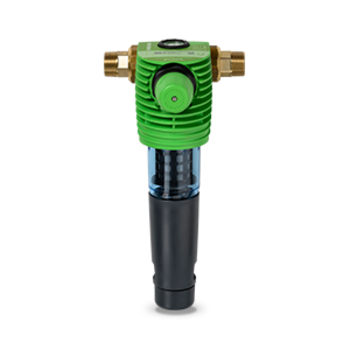 Feinfilter mit grünem Kopf und Messingeinlässen, unten schwarzes Gehäuse.