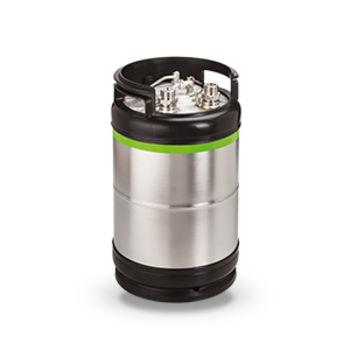 Ein silbernes, zylindrisches Edelstahlfass mit schwarzem oberen und unteren Rand steht aufrecht vor neutralem Hintergrund.