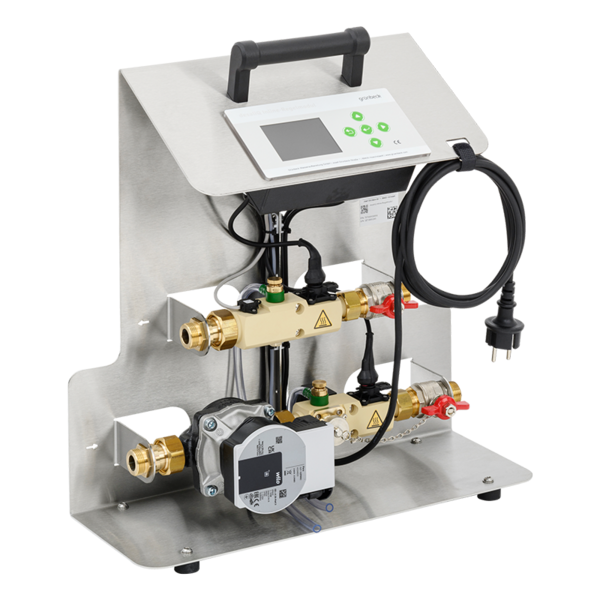 Metallisches Heizungs-Regelmodul mit Ventilen und Display mit Bedienelementen.