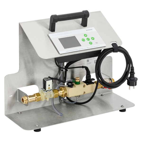 Ein metallisches Füllmodul mit digitalem Display, Kontrollknöpfen, Anschlüsse und Ventilen.