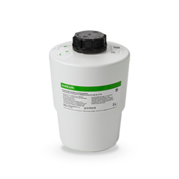 Ein weißer, zylindrischer Behälter mit schwarzem Deckel und einem Etikett, das folgende Beschriftung zeigt: "round safe" und Herstellungsinformationen, steht auf einer neutralen Oberfläche.