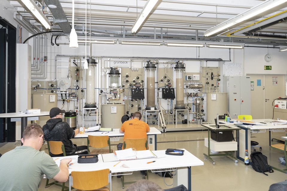 Mehrere Personen sitzen in einem Raum an Tischen mit technischen Geräten und Unterlagen; im Hintergrund komplexe Apparaturen und Rohre, oben die Aufschrift "grünbeck".