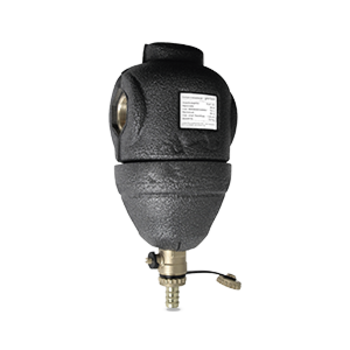 Ein schwarzer Schlammabschneider mit Ventilen, Metall und einem kleinen Etikett.