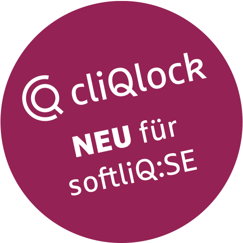 Ein runder, burgunderfarbener Kreis enthält den weißen Text „cliQlock NEU für softliQ:SE“.