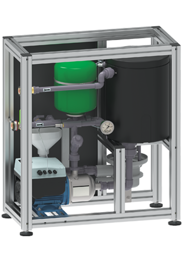 Eine Systemtrennanlage in einem metallenen Rahmen mit grünem Tank und schwarzem Behälter.
