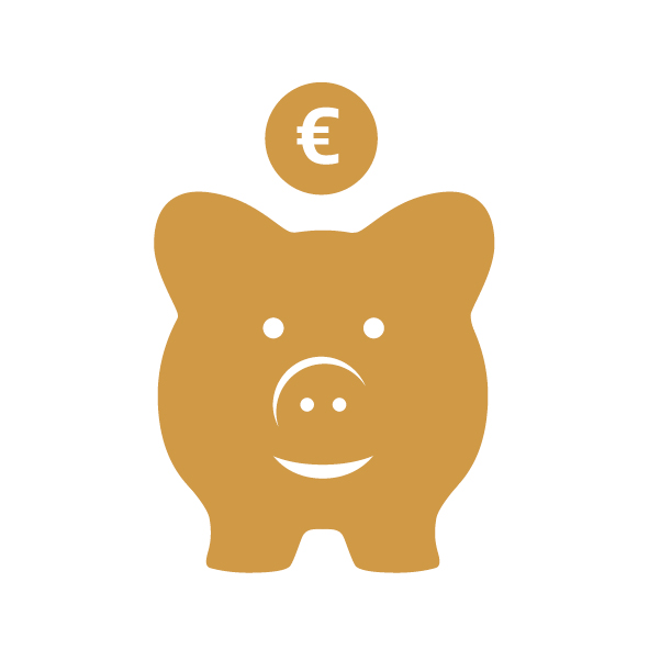Ein orangenes Sparschwein mit einem Euro-Symbol über ihm auf weißem Hintergrund.